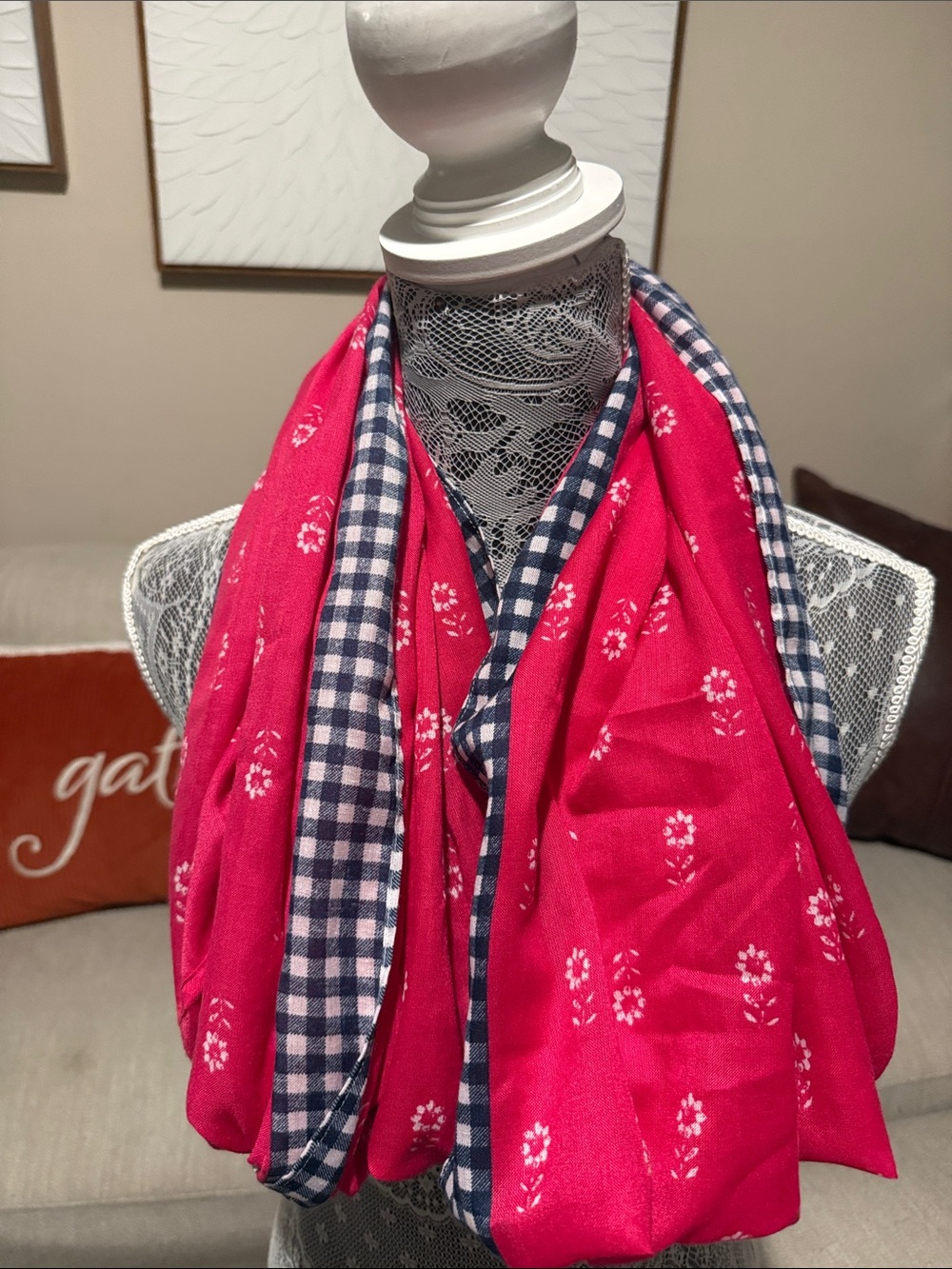 Abercrombie & Fitch Pink Floral and Navy Gingham Reversible Scarf